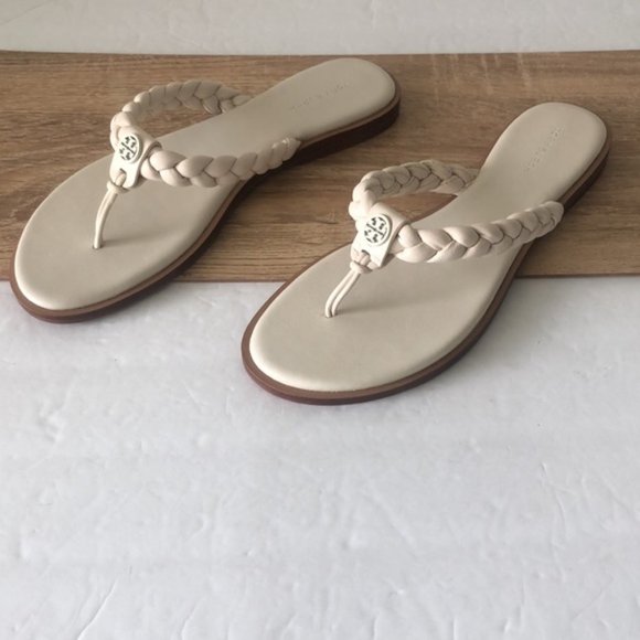 Tory Burch Ivory White Thong Braided Benton Sheep Plume Nappa Leather Sz.9 - Picture 3 of 16